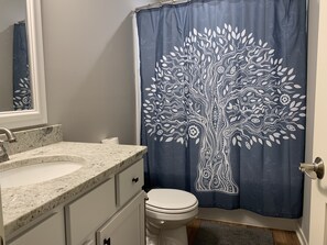 Combined shower/tub, towels, soap, toilet paper