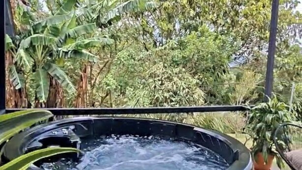 A hot tub under a covered area with a view of lush greenery. - Mountain views and beautiful sunrises 🗻 (San Ramon)