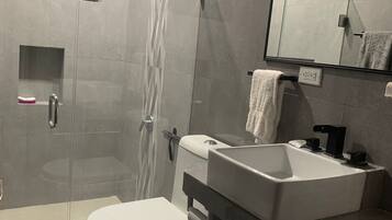 Regadera, toallas, jabón, papel de baño