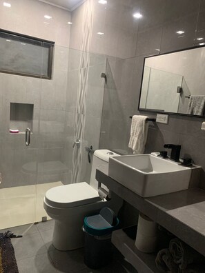 Dusj, håndklær, såpe og toalettpapir