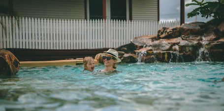 Outdoor pool, pool umbrellas, sun loungers