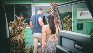 A woman in a checkered dress standing at a car door, looking out.