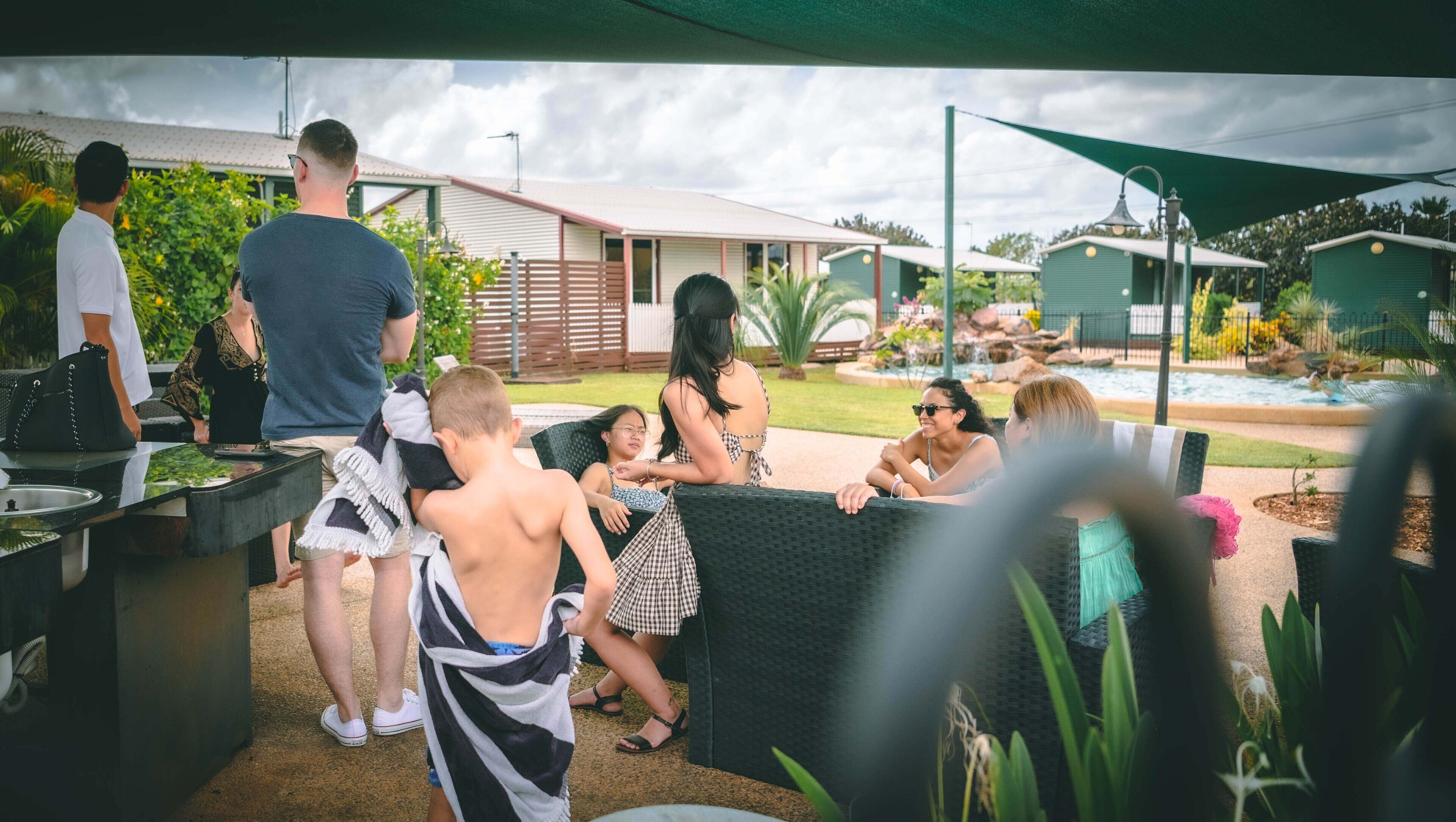 outdoor pool, pool umbrellas, pool loungers