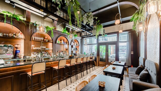 A bar area with a long counter, multiple bar stools, and shelves stocked with bottles and glasses. There are hanging plants and pendant lights above the bar. - Nan Nan (Kaohsiung)