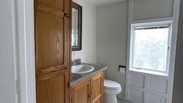Combined shower/tub, hair dryer, towels, soap