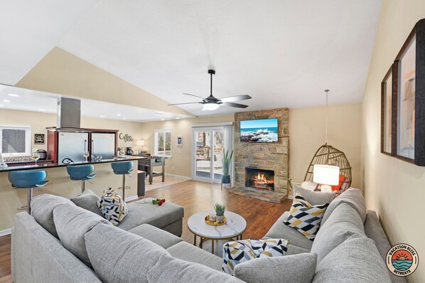 Smart TV, fireplace, video games, table football