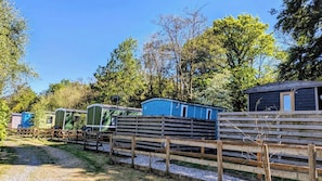 Une rangée de cabanes en bois, avec un chemin de gravier devant, entourée d’arbres.