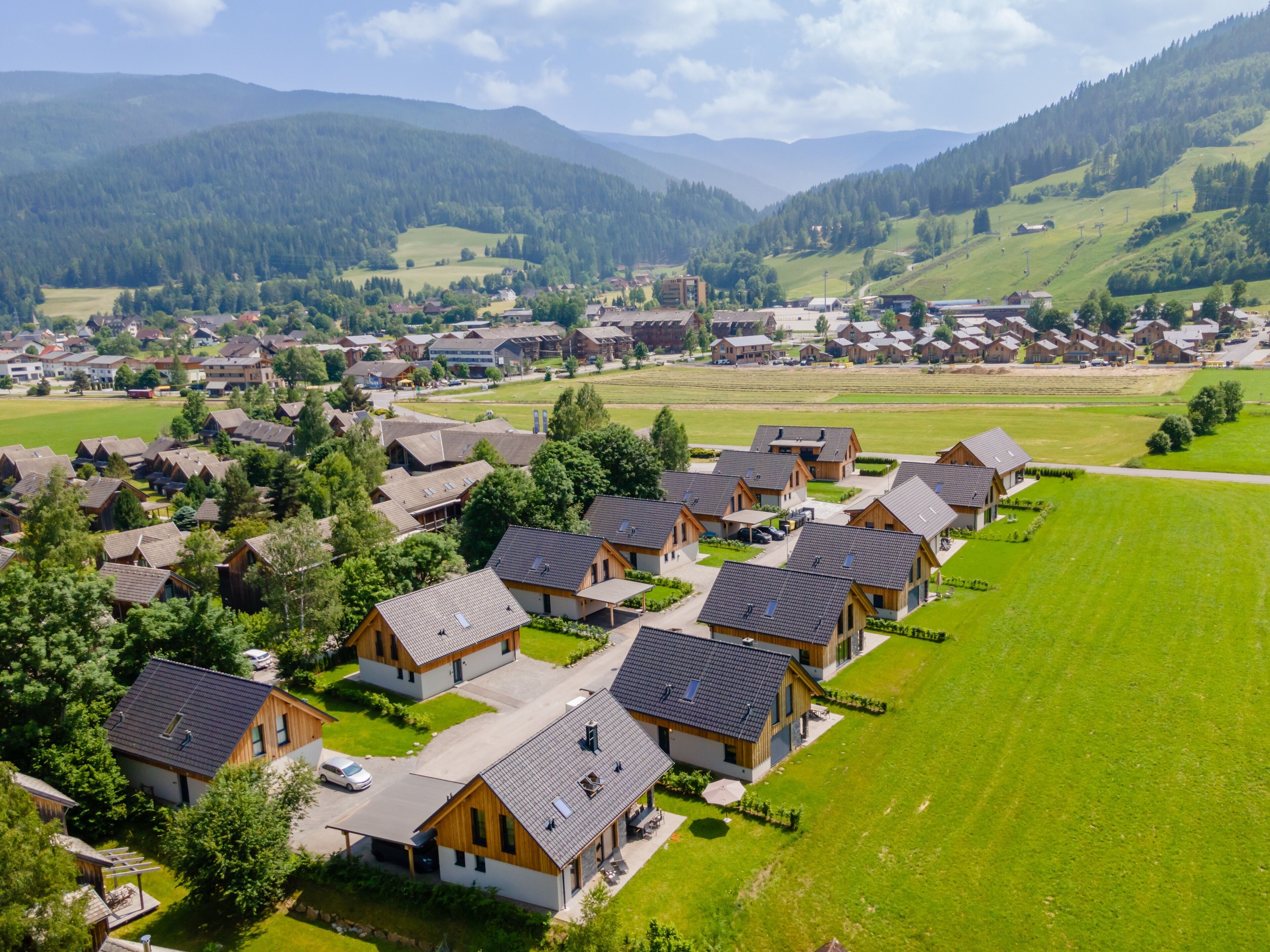 A residential area with modern houses, a central building, and surrounding green fields.