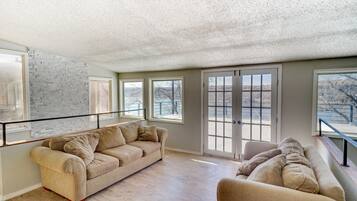 TV, fireplace, books