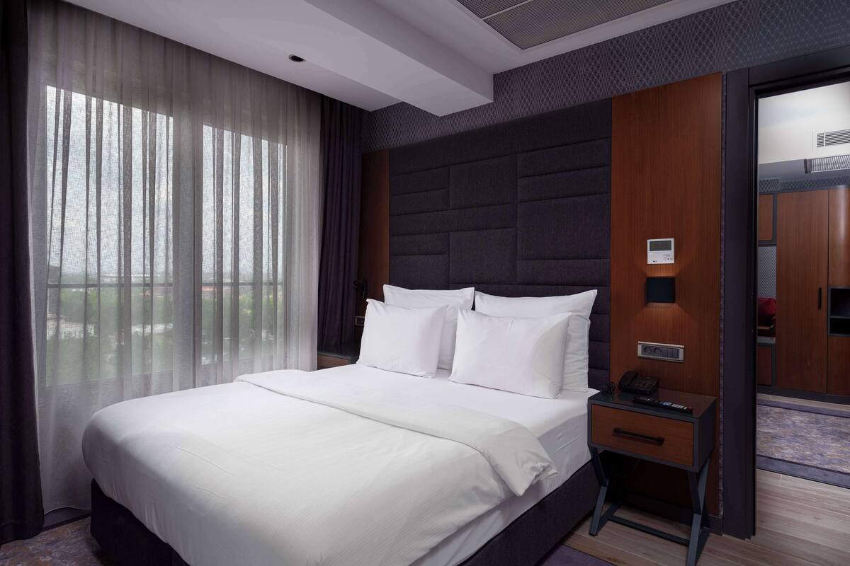 Een moderne hotelkamer met een groot bed, een nachtkastje met een telefoon en een radio, en uitzicht op het omliggende landschap door dunne gordijnen.