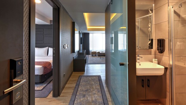 Une chambre d’hôtel moderne comprenant un lit, un petit coin salon, une salle de bain avec un lavabo et une douche, et un couloir menant à une autre chambre.