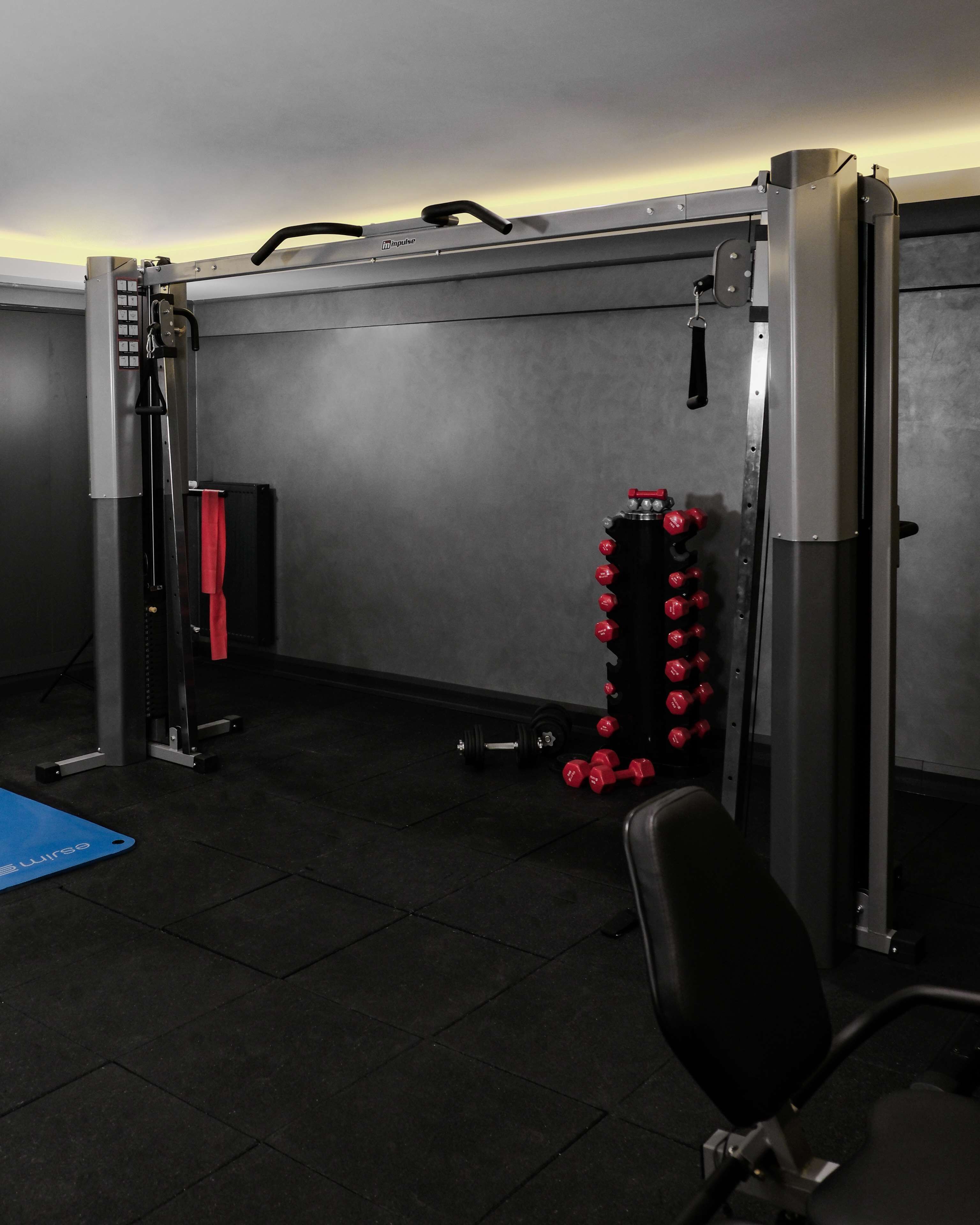 A gym with a squat rack, a bench press, and a set of red dumbbells.