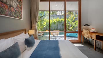 Deluxe Room, Private Pool | Premium bedding, minibar, in-room safe, desk