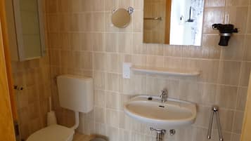 A bathroom with a toilet, sink, and mirror.