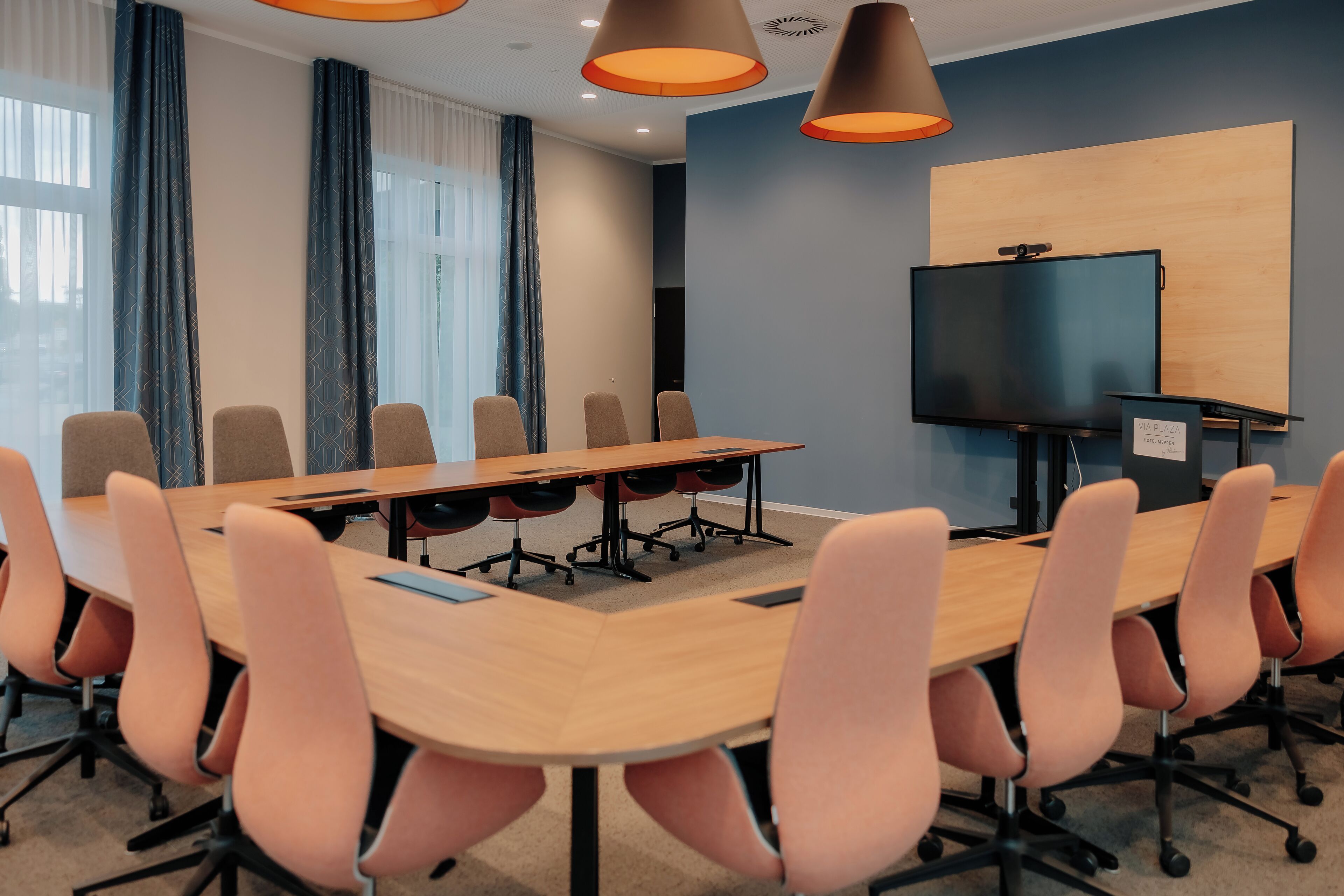 A conference room with a long table, multiple chairs, a TV, and a sign indicating 'VIA PLAZA'.