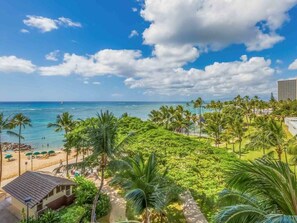 A beach view with palm trees, a sandy area, and a building in the background. - Waikīkī Shore #608 - Beautiful 1 Bedroom Ocean View w/ a Modern Full Kitchen (HONOLULU)