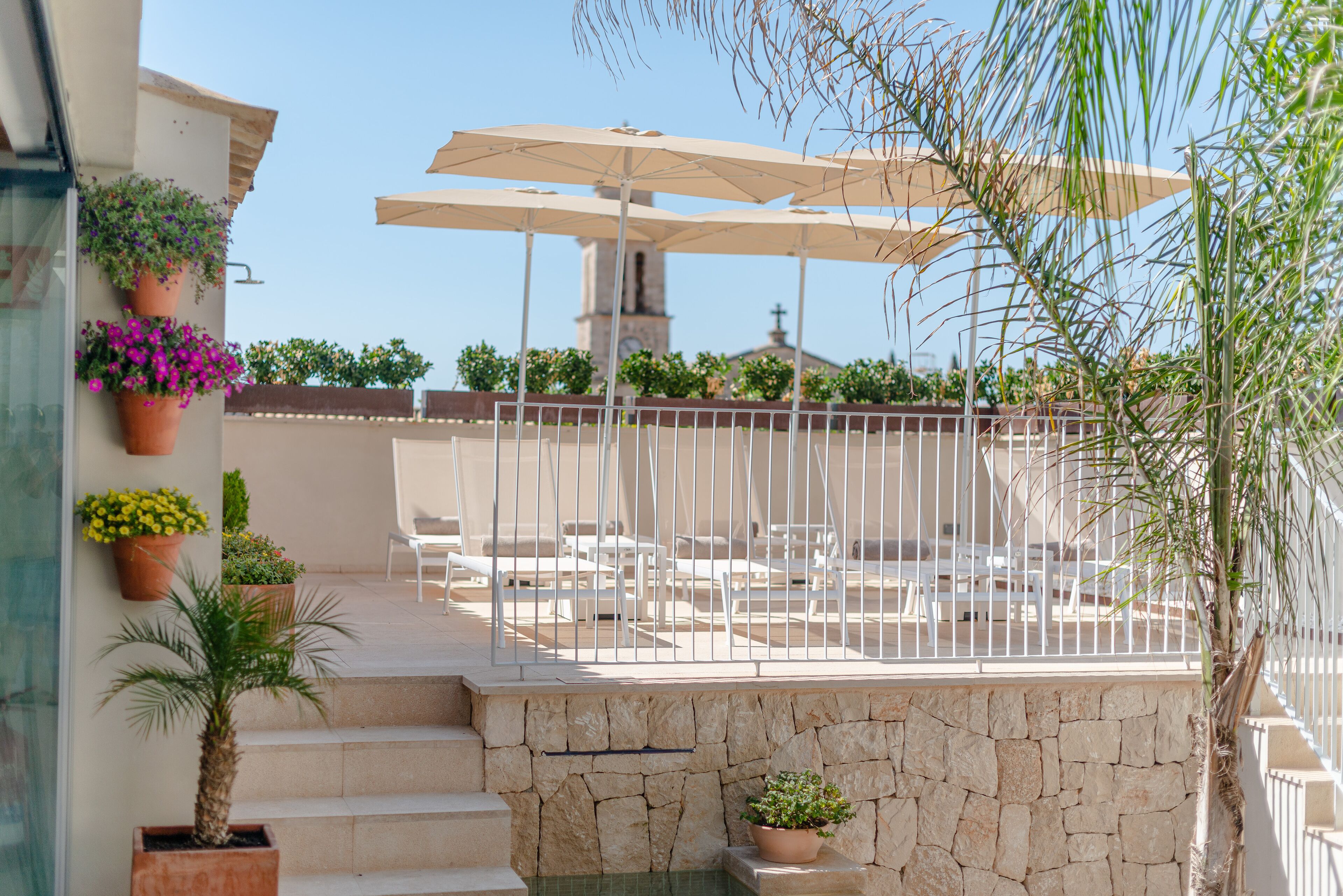 Una terraza con mobiliario exterior, escalones de piedra y plantas en macetas.