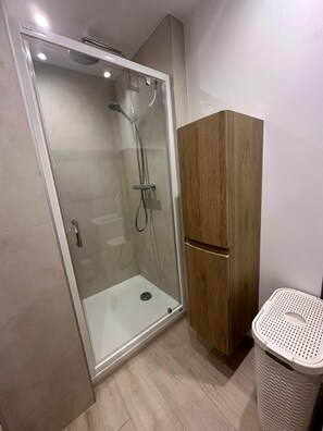 Combined shower/tub, hair dryer, towels, toilet paper