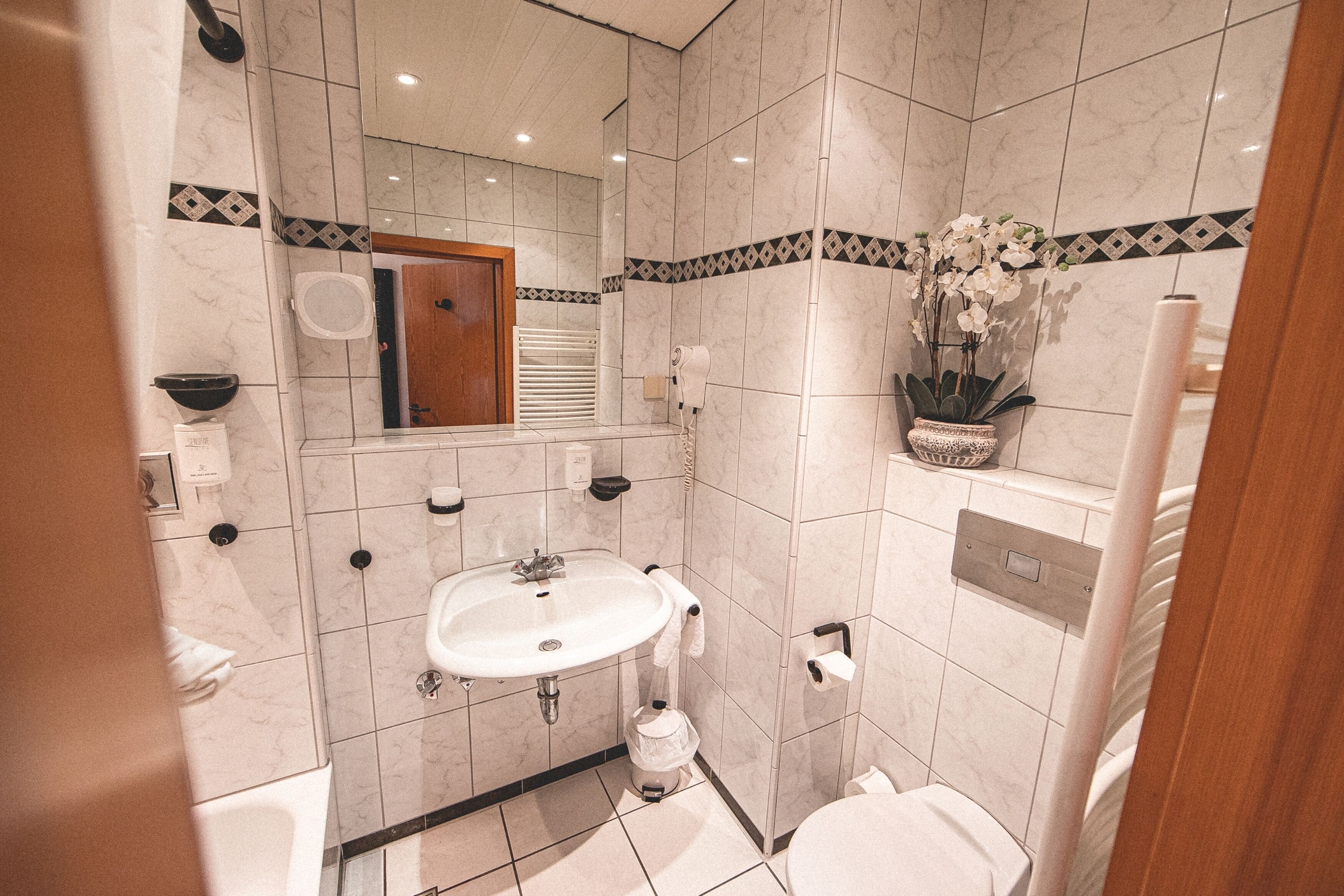 A modern bathroom with a white sink, mirror, toilet, and a small potted plant.