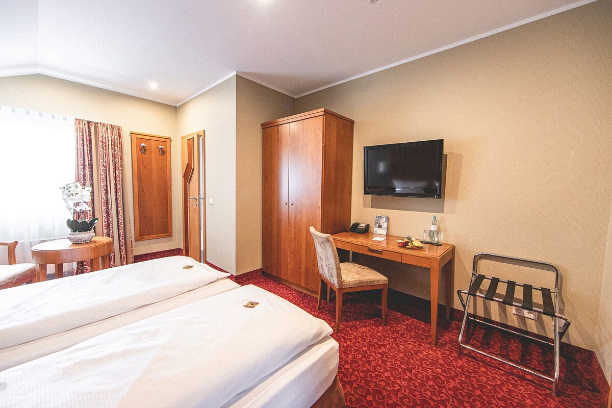 Hotelkamer met twee bedden, een bureau, een stoel, een televisie, een kledingkast en een bijzettafeltje met een plant.