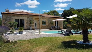 A stone house with a tiled roof, a swimming pool, outdoor furniture, and a palm tree. - Sarlajoande, a modern villa in Perigord style (Proissans)