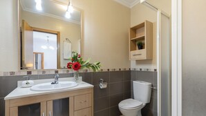 Un baño con lavamanos, espejo, inodoro y ducha.