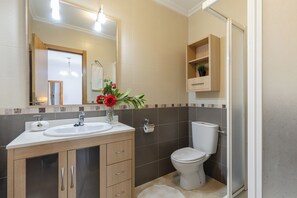 Een badkamer met een wastafel, spiegel, toilet en douche.