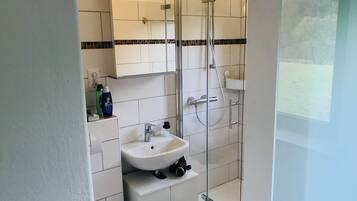 Dusche, Haartrockner, HandtĂŒcher, Seife