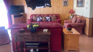 A cozy living room with a red sofa, a wooden coffee table, and a mounted cowhide on the wall. - Yellow Rose of Red River - In town, WIFI (Red River)