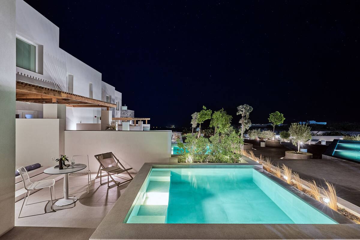A modern outdoor pool area with a clear view of the night sky, surrounded by minimalist outdoor furniture and plants.