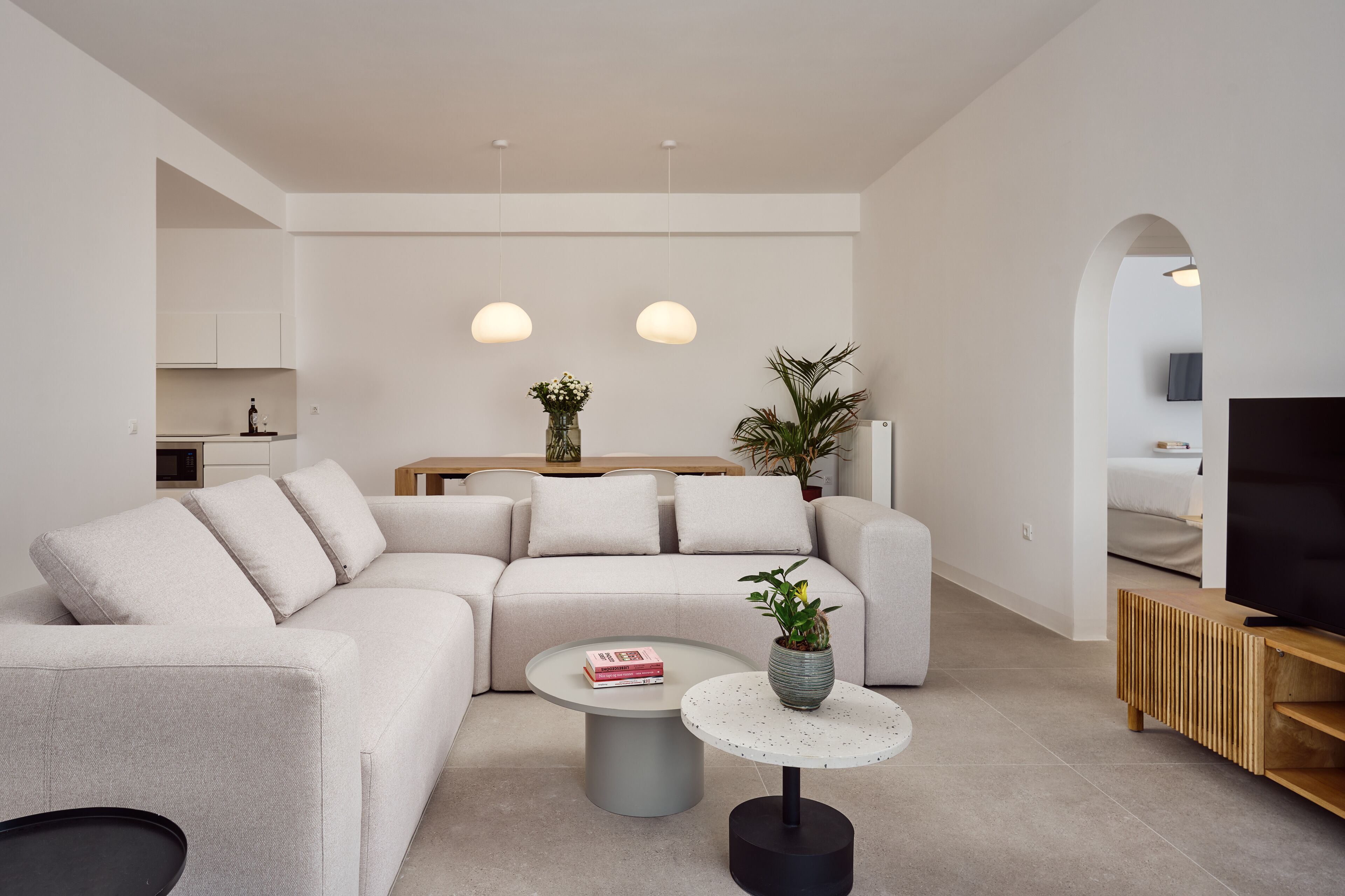 A modern living room with a sectional sofa, a coffee table, a small side table, a TV stand, and a potted plant.