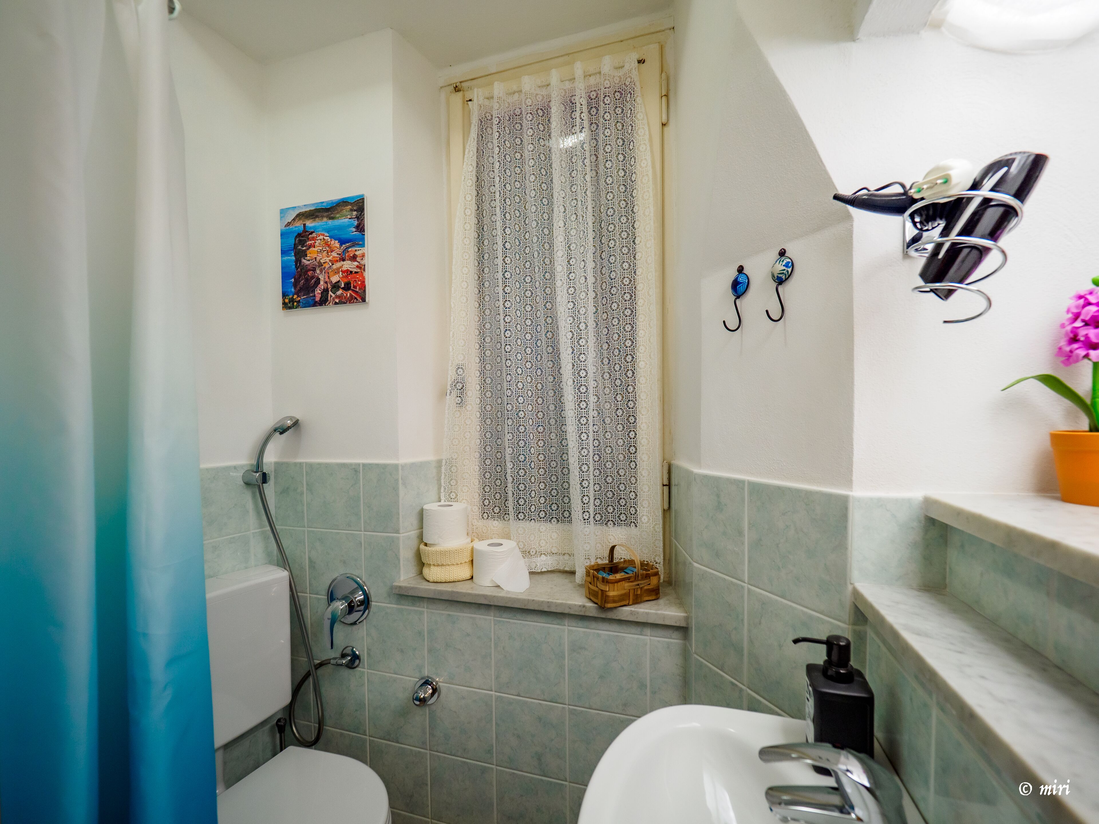Ein Badezimmer mit Dusche, Toilette, Waschbecken und einem Fenster mit Spitzenvorhängen.