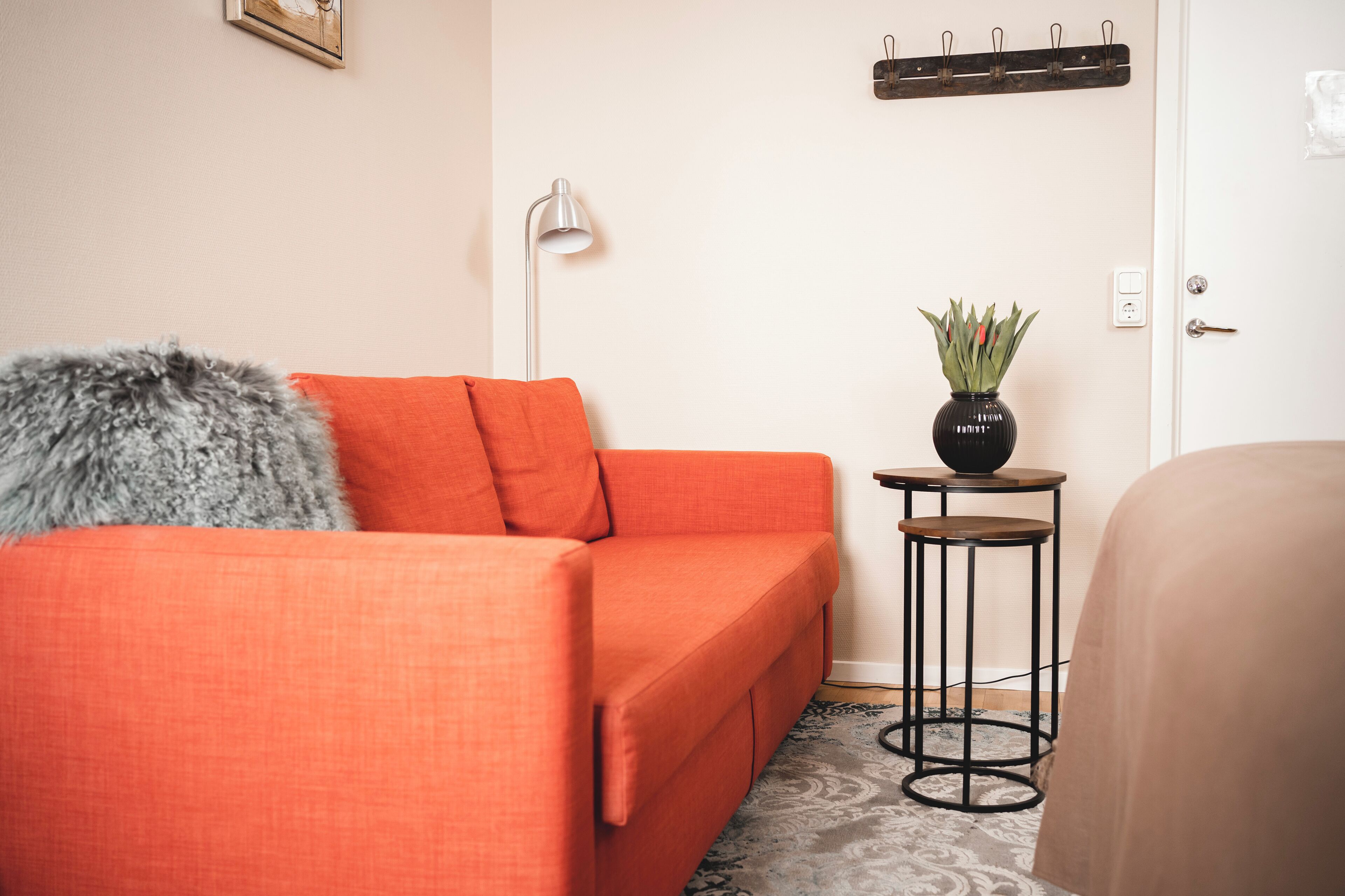 A room with a sofa, a small side table with a plant, a lamp, and a coat rack.