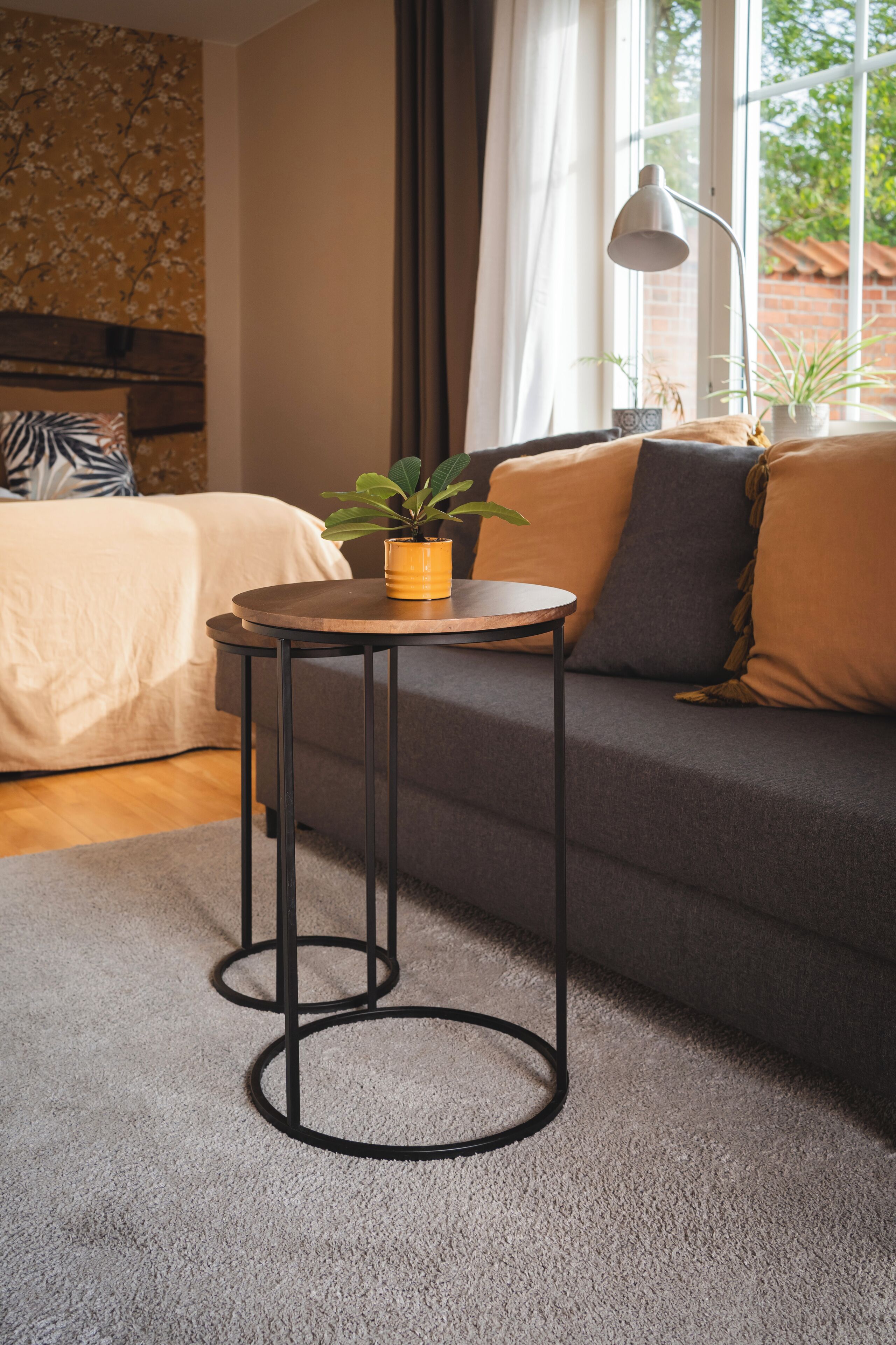 Una habitación acogedora con un sofá gris, una mesita redonda con una planta, una lámpara y una cama con cubrecama blanco.