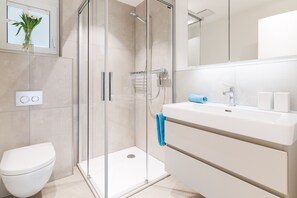 A modern bathroom with a glass-enclosed shower, a white toilet, and a vanity with a mirror. - Chalet Alpenheim 1 (Lauterbrunnen)