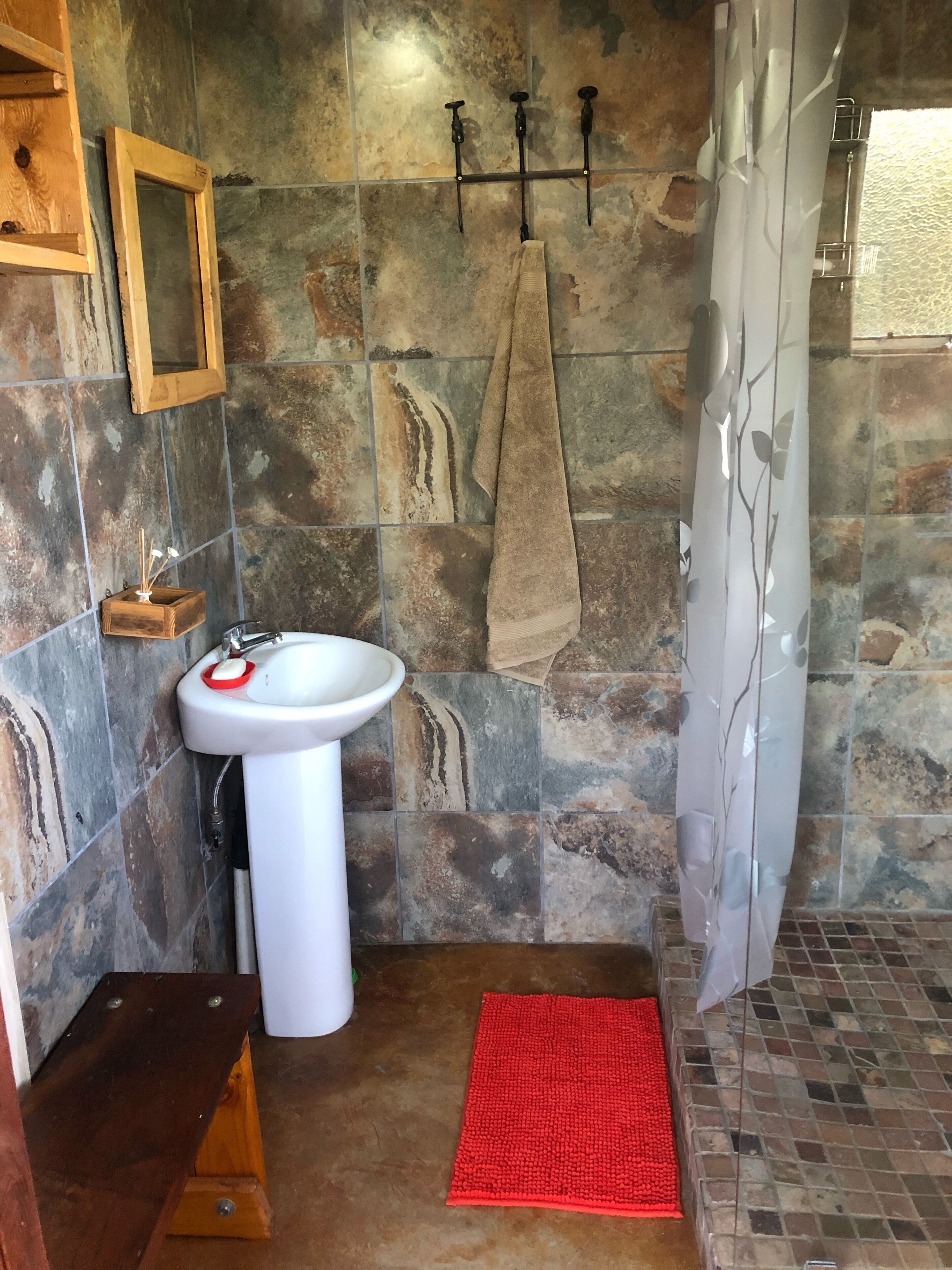 Combined shower/bathtub, hair dryer, towels, soap