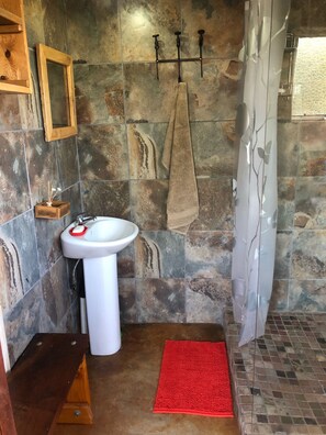 Combined shower/tub, hair dryer, towels, soap