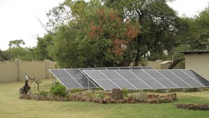 A solar panel array in a grassy area with a tree and a small building in the background.