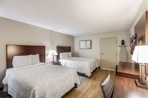 Una habitación de hotel con dos camas, un escritorio y una silla.