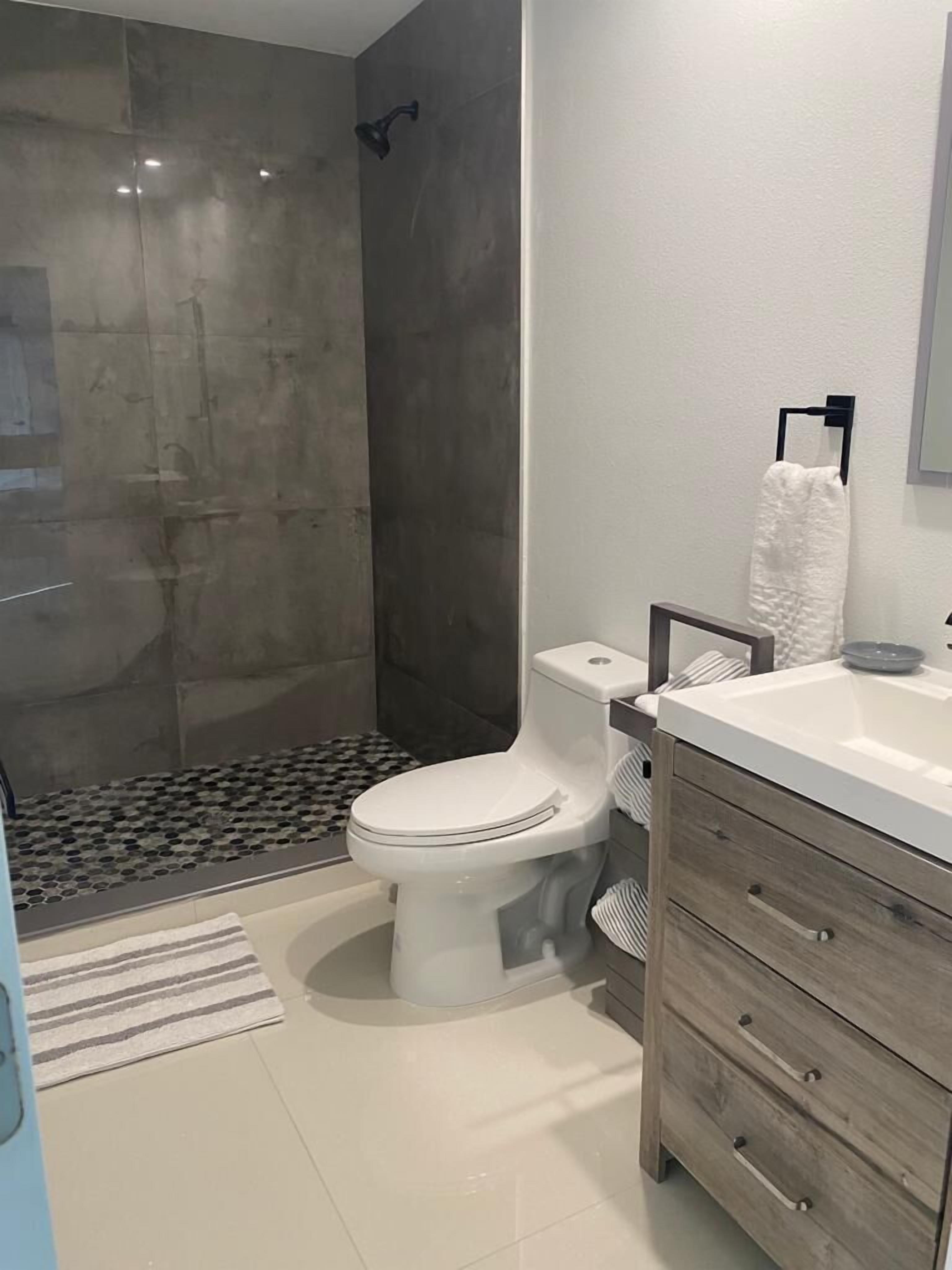 Une salle de bain moderne équipée d’une douche, de toilettes et d’un meuble-lavabo.