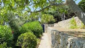 A stone pathway leading through a garden with various shrubs and trees. - Gorgeous 4 bedroom, 3 bathroom villa with private pool & sea view in Mougins (Mougins)