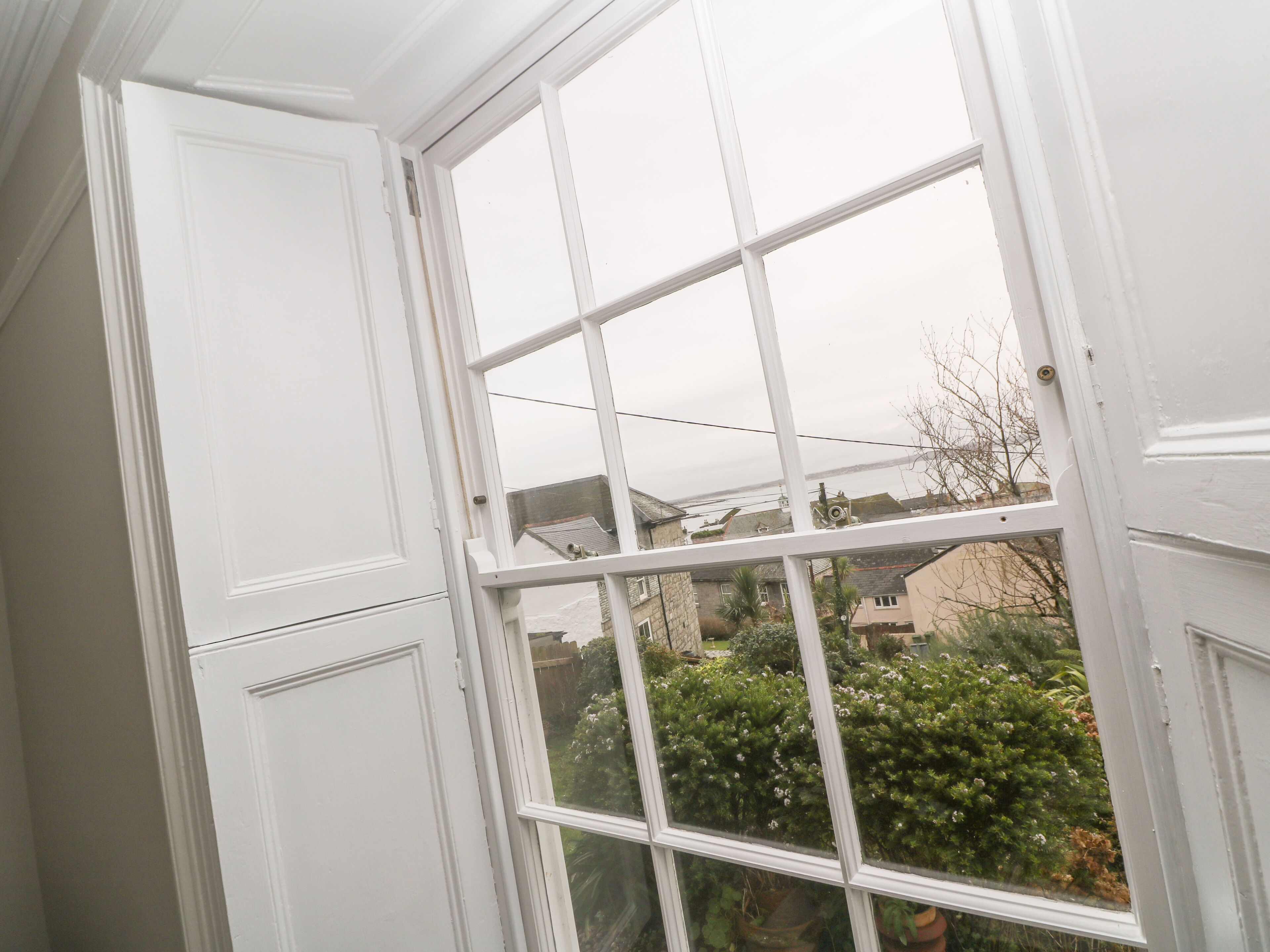 A white door with a window, revealing a view of a garden and neighboring houses.