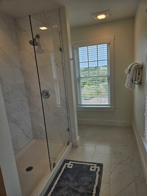 Combined shower/tub, towels, soap, toilet paper