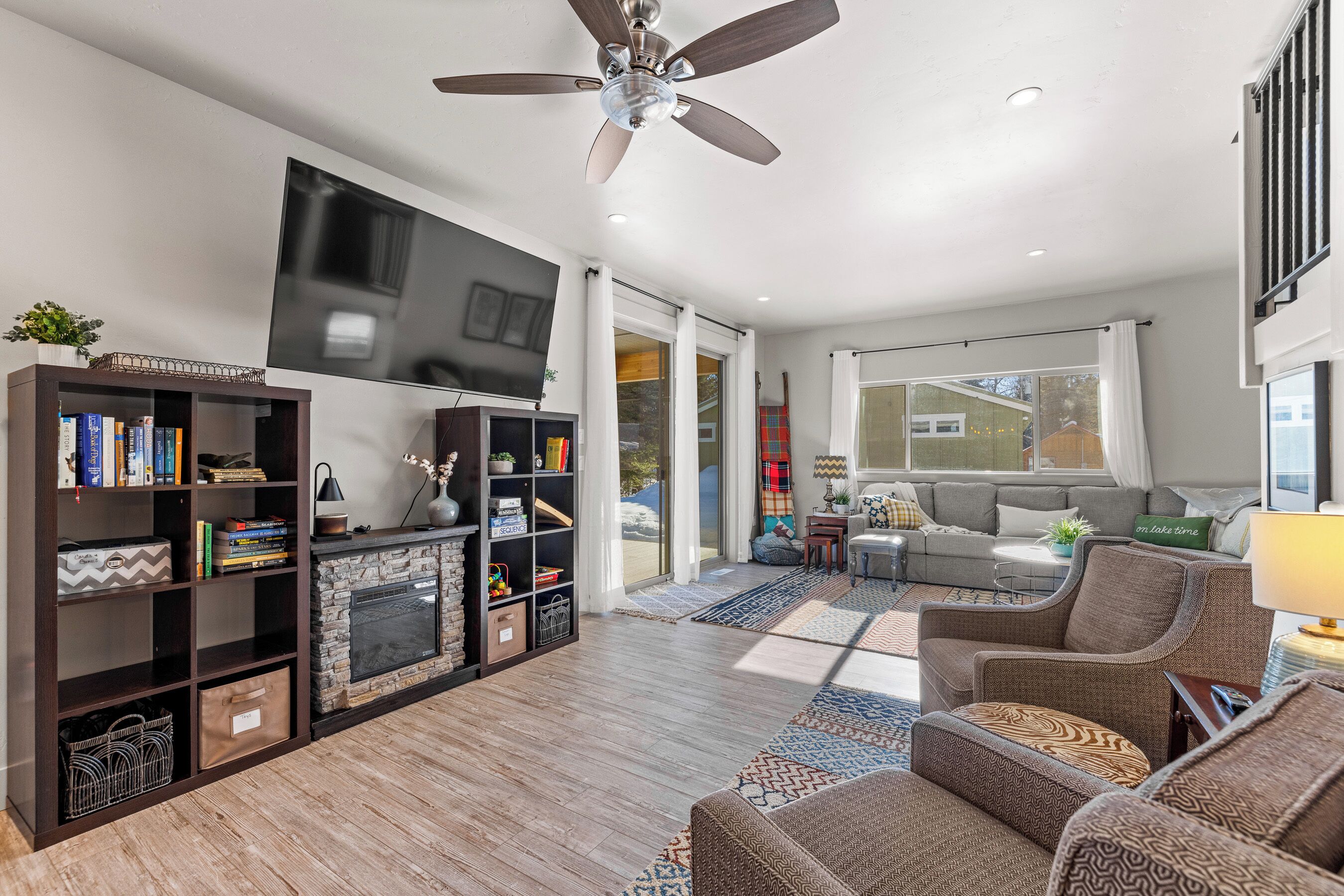 TV connectée, cheminée, lecteur de DVD, livres