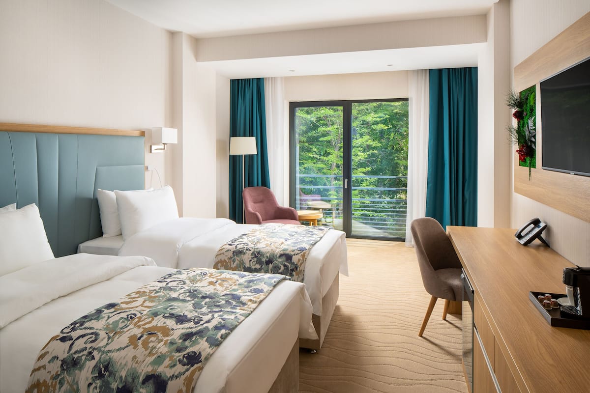A hotel room with two beds, a desk, a chair, a TV, and a balcony with a view of trees.