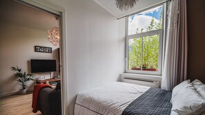 Un dormitorio con una cama, televisor, ventana con cortinas, una planta y un cuadro colgado en la pared.