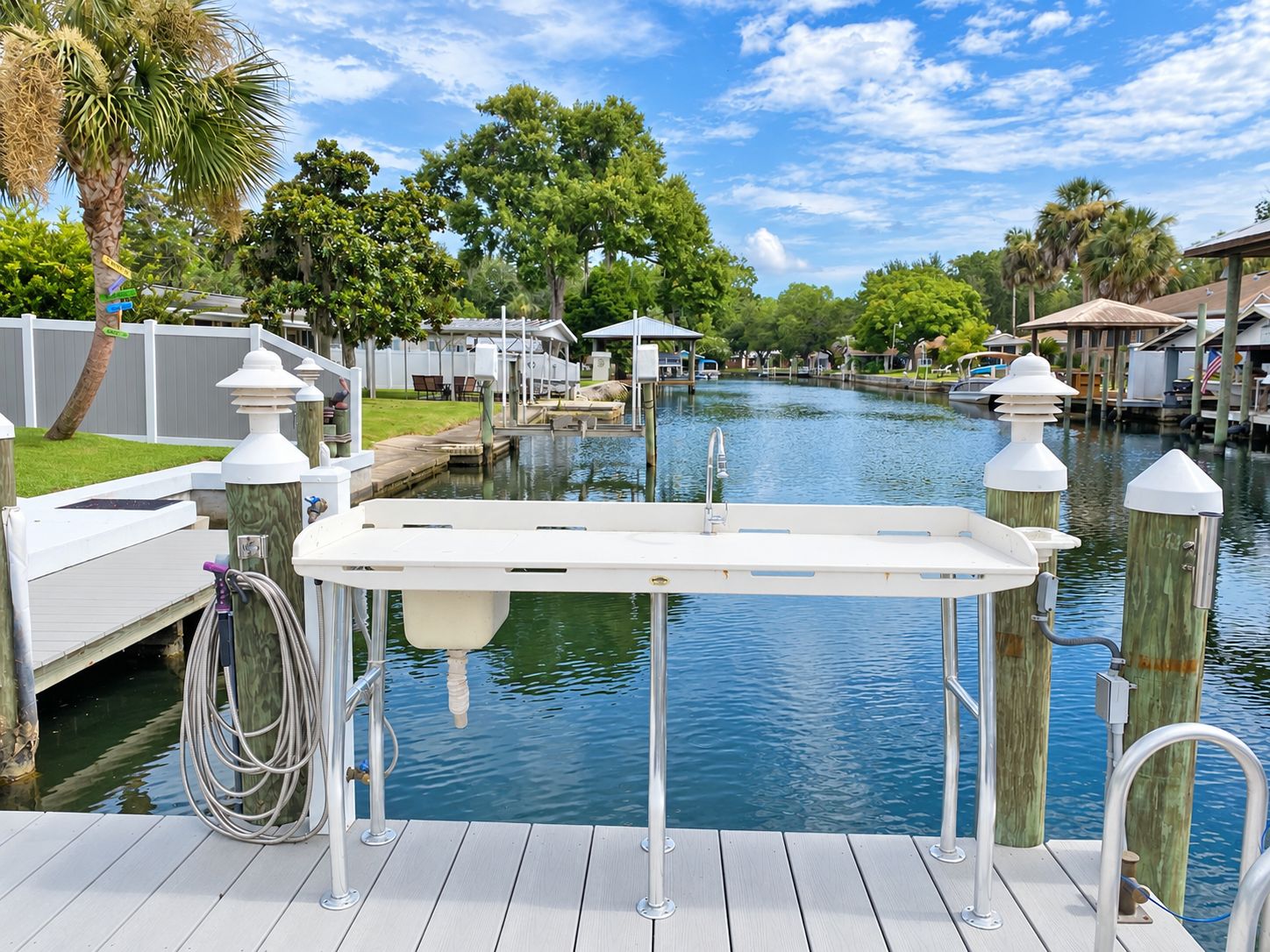 A dock with a boat, a waterway, and a row of houses in the background.