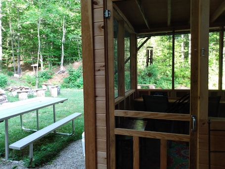 Outdoor dining. Quiet rural Maine cabin near Bigelow Preserve, Flagstaff Lake and Sugarloaf