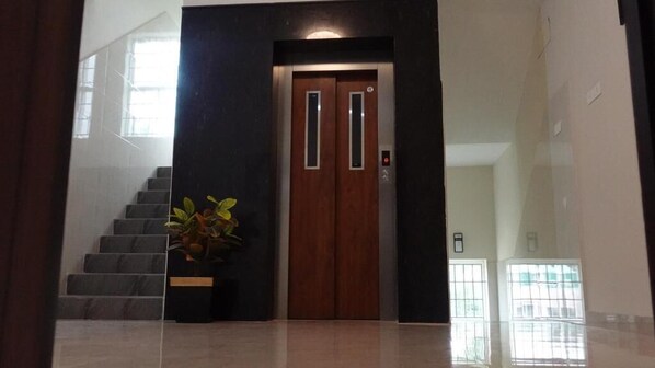 Un interior moderno con una puerta doble de madera, una escalera y una planta en maceta.