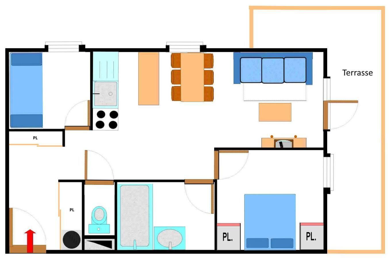Plano de planta que muestra una sala de estar, cocina, dos dormitorios, un baño y una terraza.